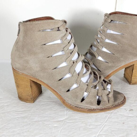 Jeffrey Campbell Women's Corwin US8 Taupe Suede Open Toe Lace-up Ankle Booties - Picture 9 of 14